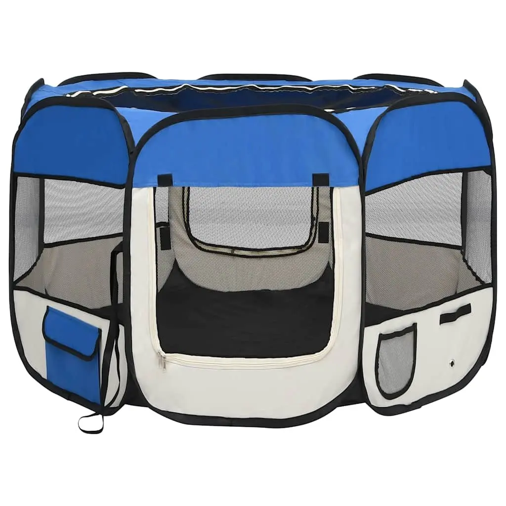 Foldable Dog Playpen with Carrying Bag Blue 90x90x58cm Portable Pet Run Cage