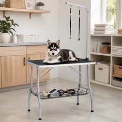 Dog Grooming Table Adjustable Height with 2 Loops Basket Foldable Pet Grooming