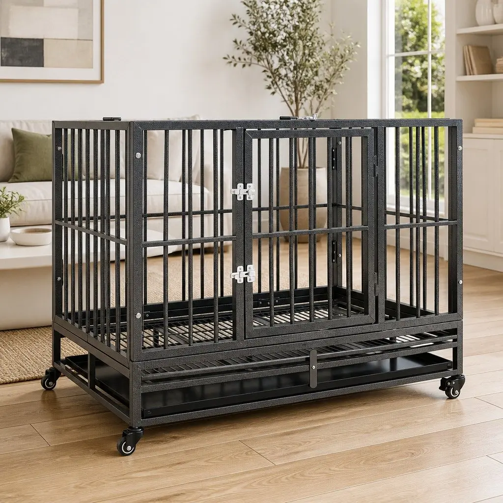 Dog Cage 102 x 72 x 85 cm Steel Frame with Wheels Lockable Detachable Tray