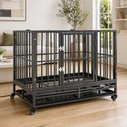 Dog Cage with Wheels Lockable Puppy Enclosure Steel Frame Detachable Tray