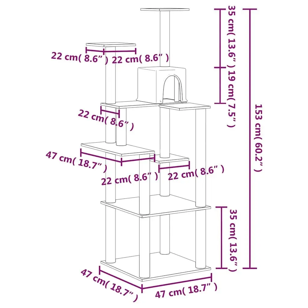 Cat Tree Tower 153cm Multi-Level with Sisal Scratching Posts Light Grey