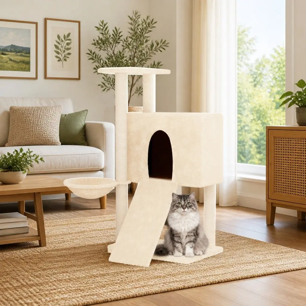 Cat Tree 96cm Multi-Level with Sisal Scratching Posts House Hammock Ladder Platform Cream