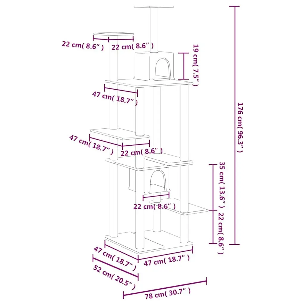 Cat Tree 176cm Multi-Level with Sisal Scratching Posts and Plush Houses