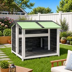 Dog Kennel Grey Solid Wood Pine Outdoor Pet House Large Entrance Water