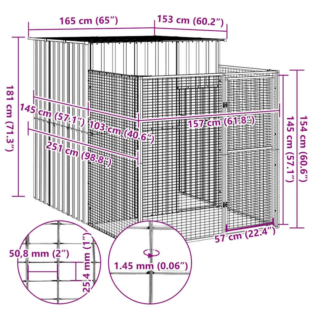 Dog House with Run Anthracite Galvanised Steel Outdoor Pet Kennel Cage Enclosure