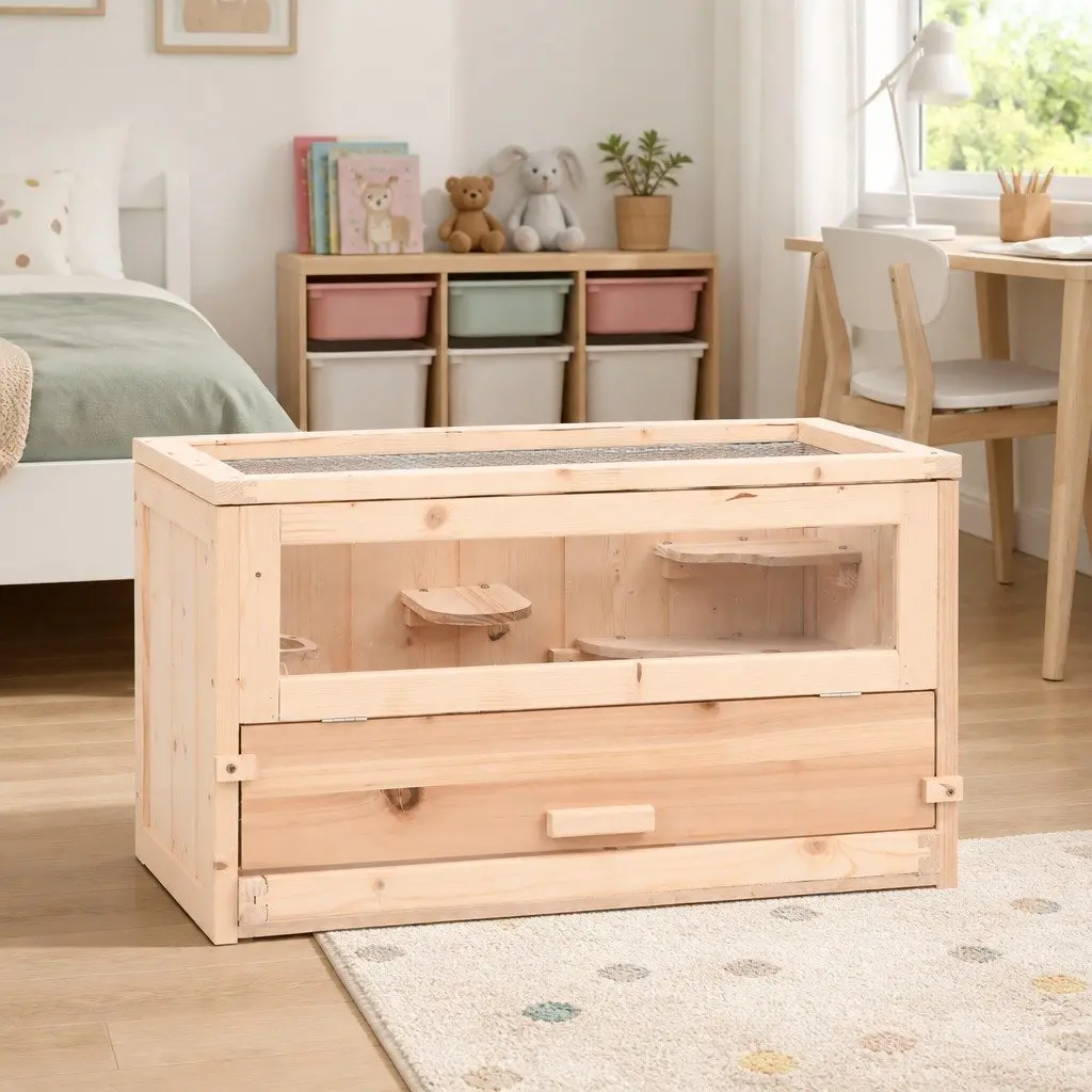 Hamster Cage 60x30x35 cm Solid Fir Wood Small Animal House with Accessories