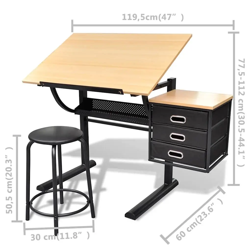 Drawing Desk Tiltable Tabletop with Stool Three Drawers Storage
