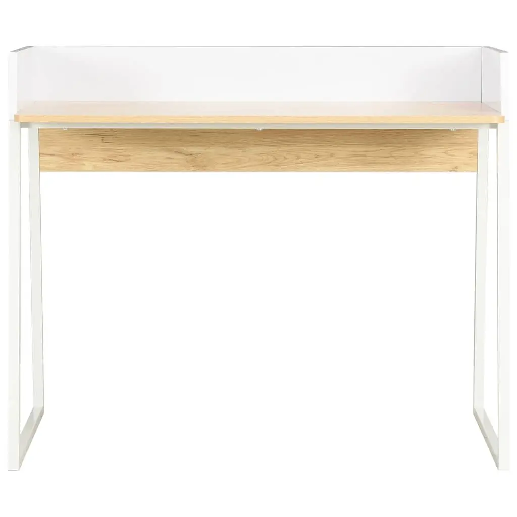 Office Desk Compact Workspace White Oak Elevated Back and Side Boards