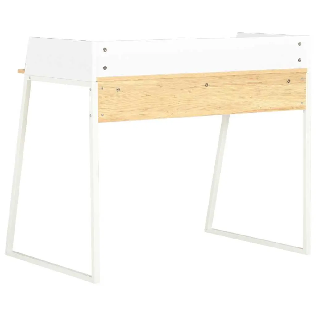 Office Desk Compact Workspace White Oak Elevated Back and Side Boards