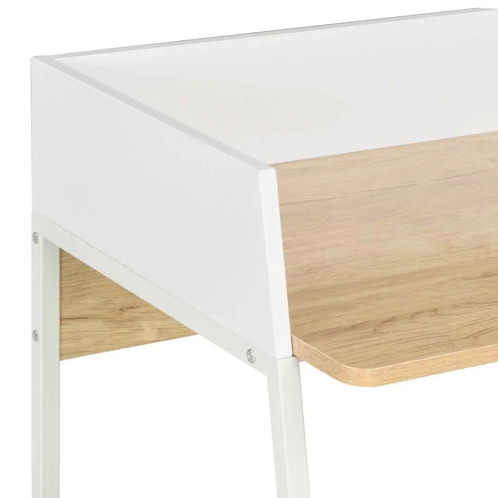 Office Desk Compact Workspace White Oak Elevated Back and Side Boards
