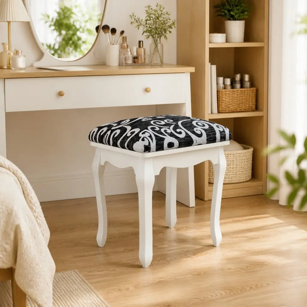 Dressing Stool Black Fabric Vintage Design Curved Legs Padded Seat Bedroom