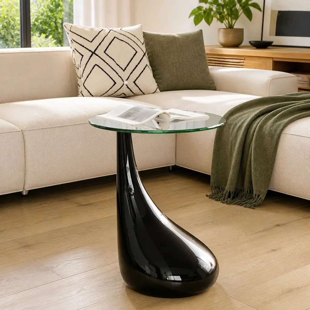 Round Coffee Table Tempered Glass Top High Gloss Black Water Drop Base