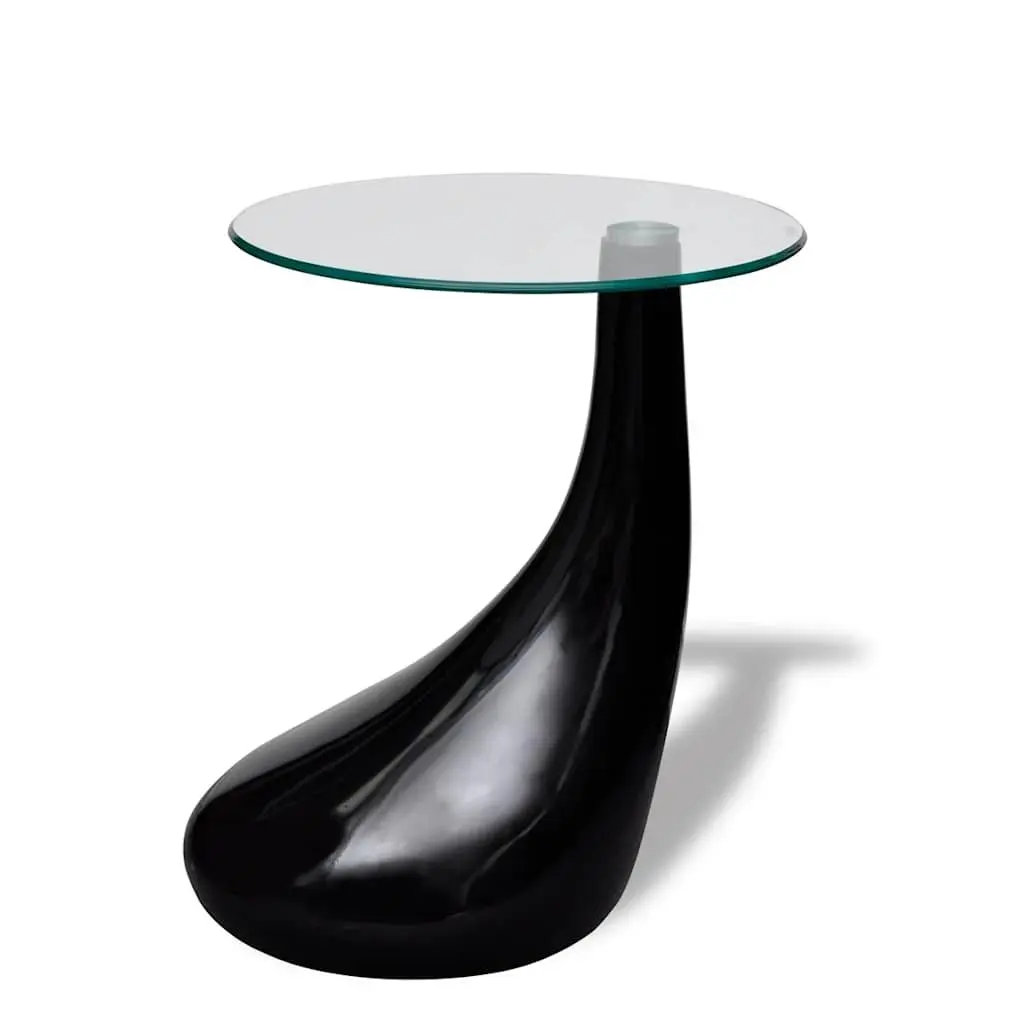 Round Coffee Table Tempered Glass Top High Gloss Black Water Drop Base