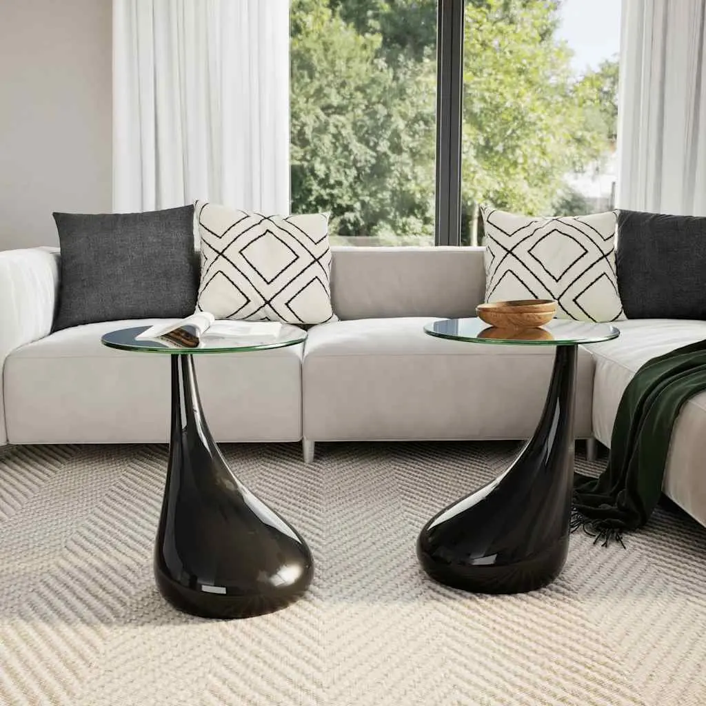 Coffee Table Set 2 Pcs Round Glass Top High Gloss Black Water-Drop Shaped Base
