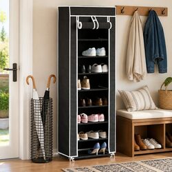 Fabric Shoe Cabinet 8 Tier Shoe Rack Storage Organiser with Dust Cover Black