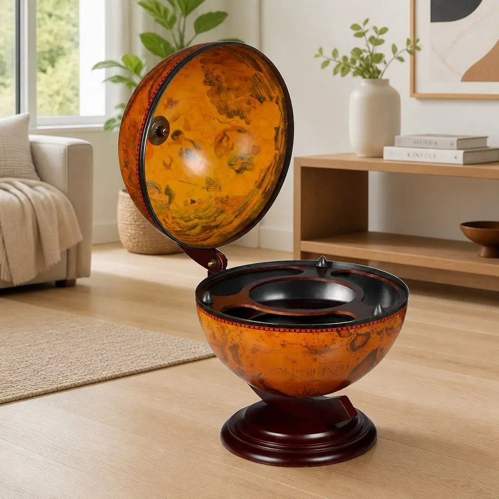 Tabletop Globe Bar Brown Rotating Storage Cabinet