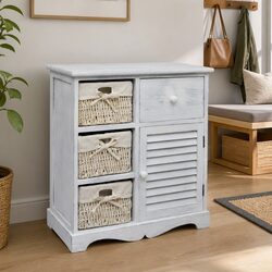 Wooden Storage Cabinet White with 3 Weaving Baskets Furniture Organizer