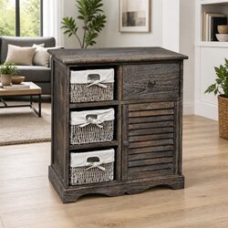 Functional Wooden Storage Cabinet with Woven Baskets
