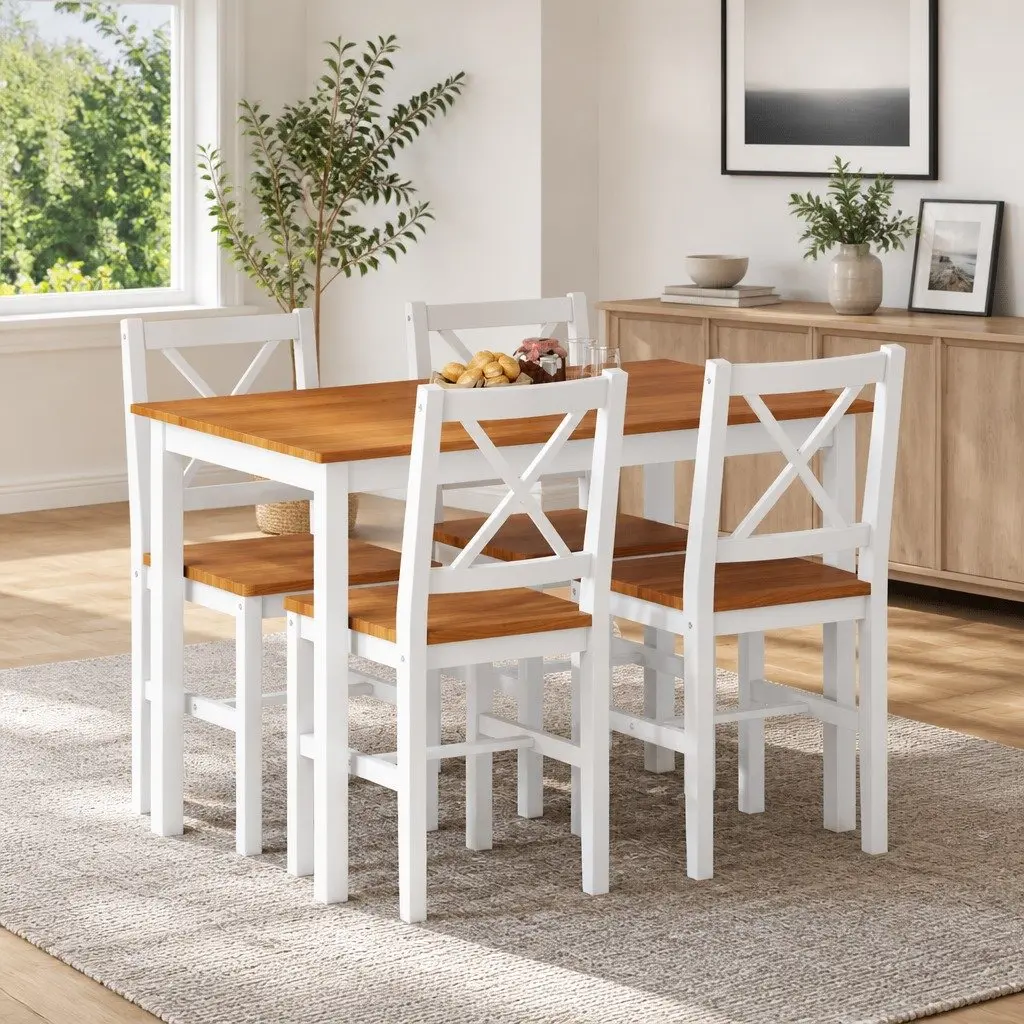 5 Piece Dining Set Brown White Solid Wood Table and 4 Chairs for Kitchen Dining Room