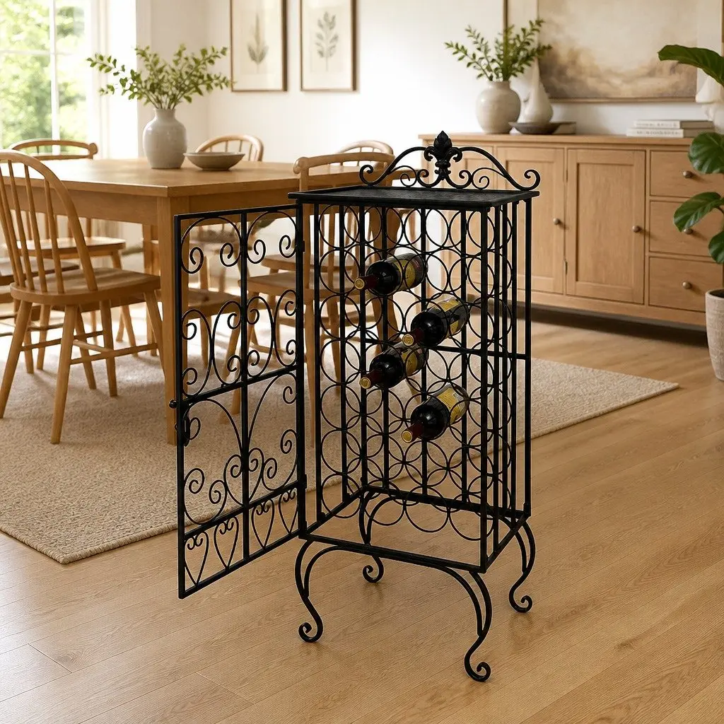 Floor Standing Wine Rack 28 Bottles Black Metal Storage Cabinet