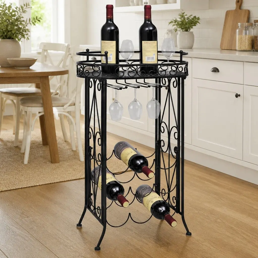 Wine Rack Floor Standing 9 Bottles with Glass Holder Hooks Black Metal