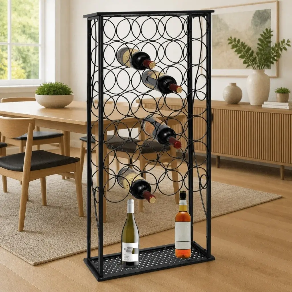 Wine Rack Floor Standing 28 Bottle Storage Black Metal Display Stand Holder