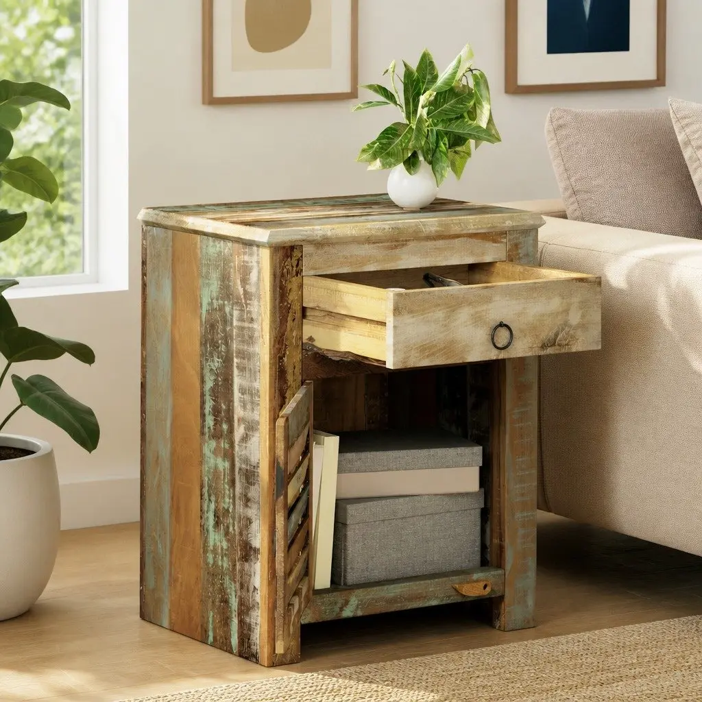 Reclaimed Wood End Table with Drawer and Door Storage Antique Style Nightstand