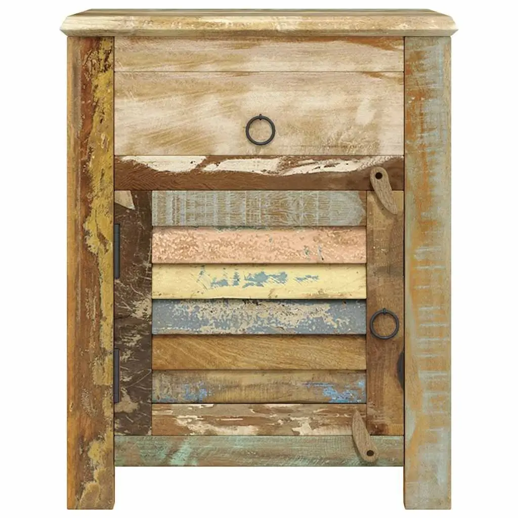 Reclaimed Wood End Table with Drawer and Door Storage Antique Style Nightstand