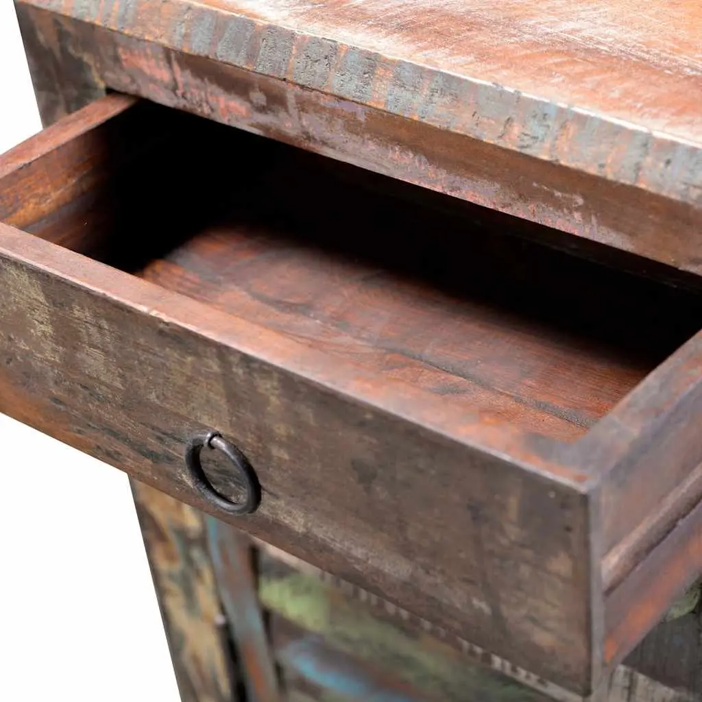 Reclaimed Wood End Table with Drawer and Door Storage Antique Style Nightstand