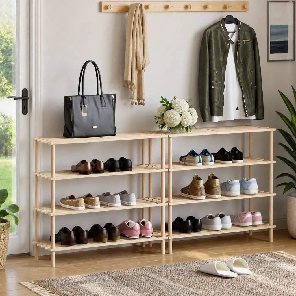 Wooden Shoe Rack 4-Tier Organiser Solid Fir Wood Durable Beige