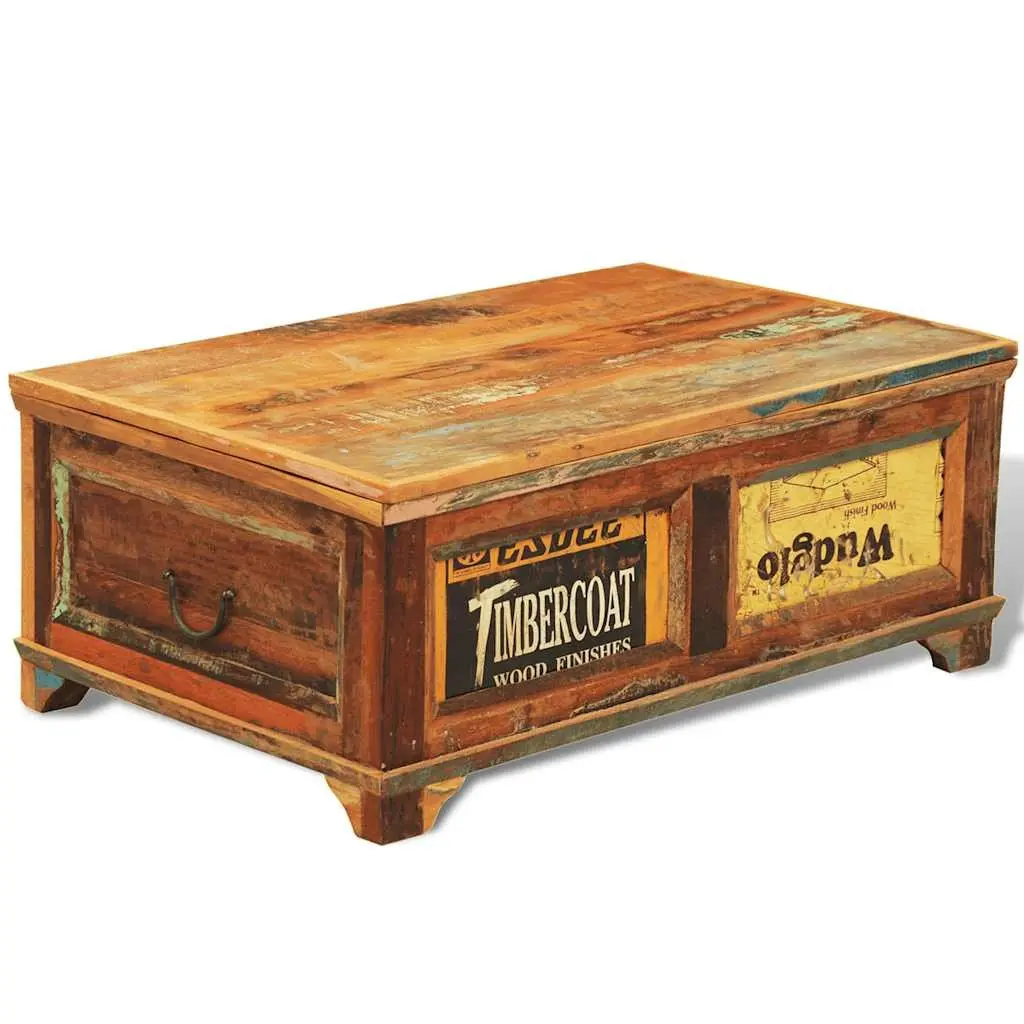 Vintage Brown Coffee Table Reclaimed Wood with Storage Compartment for Living Room