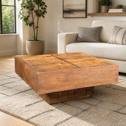 Coffee Table Brown Square Solid Mango Wood Antique Style Retro Side Table