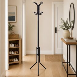 Black Metal Coat Stand with Ball Hooks Triangular Legs Hallway Living Room