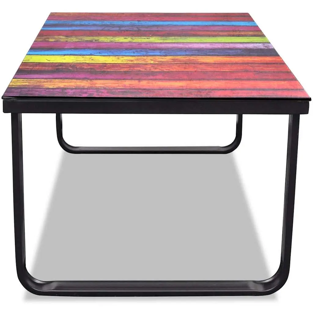 Coffee Table Rectangular Modern Rainbow Print Glass Top Durable Iron Frame