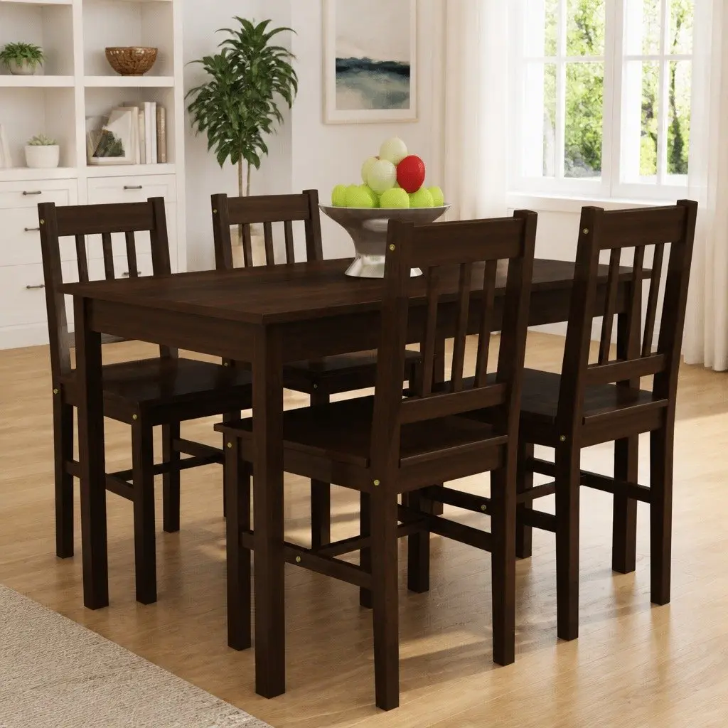Wooden Dining Table Set 5 Piece Brown Solid Pine Wood Clean Lines