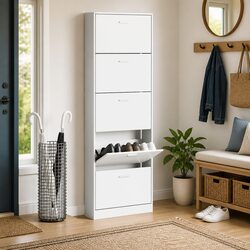 White Wooden Shoe Cabinet 5 Compartments Storage Organiser Rack Footwear Display