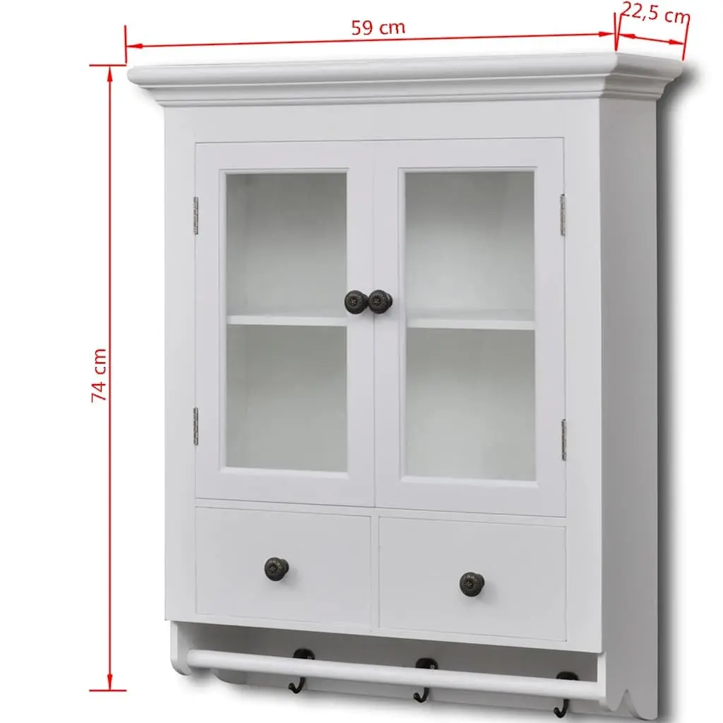 Wooden Kitchen Wall Cabinet White Glass Door Storage Shelves Drawers Hooks