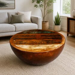 Antique Brown Coffee Table with Bowl Design and Steel Base
