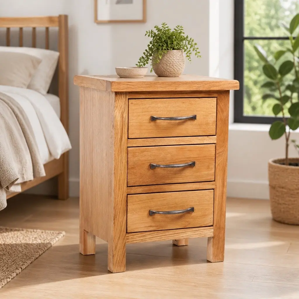 Wooden Bedside Table 3 Drawer Brown Storage Rustic Nightstand