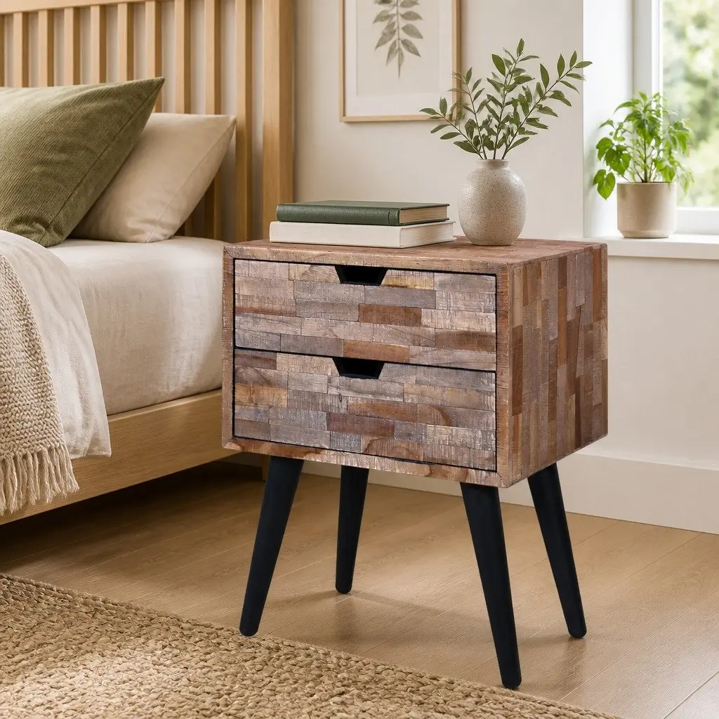 Bedside Table 2 Drawers Reclaimed Wood Vintage Brown