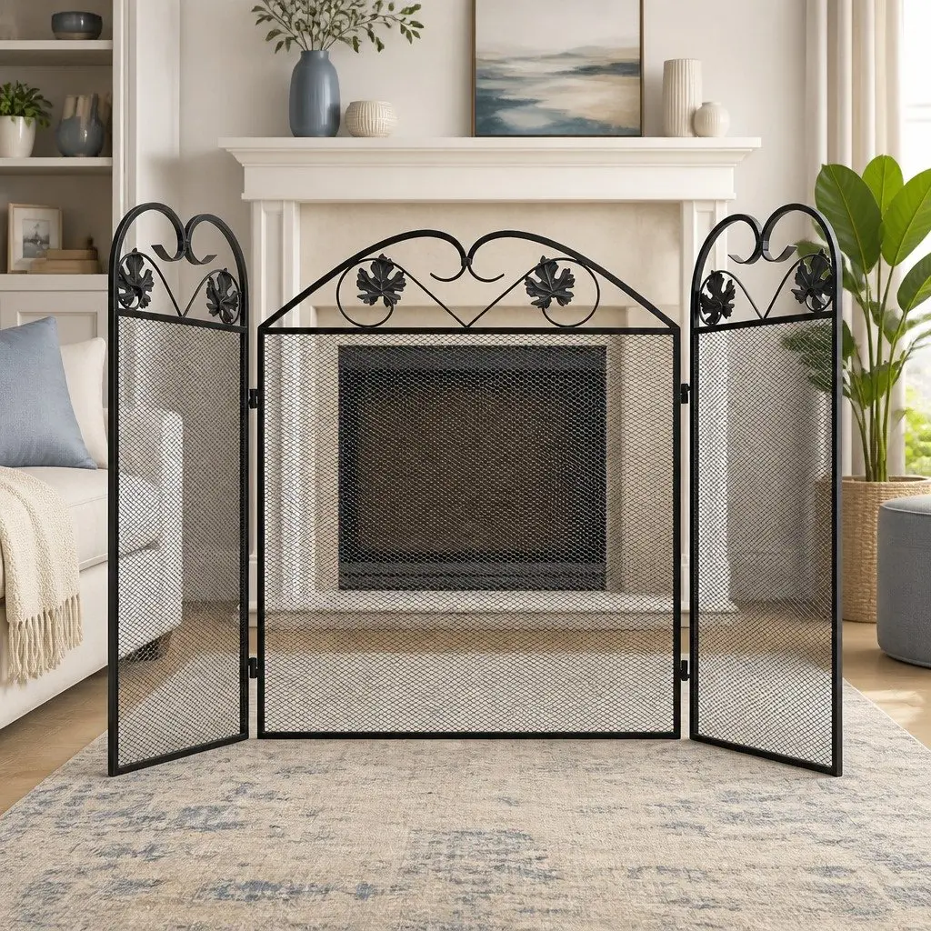 3-Panel Fireplace Screen Black Foldable Safety Barrier with Fine Mesh Backing