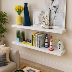 White MDF Wall Display Shelves Set of 2 Book DVD Storage Floating Ledge