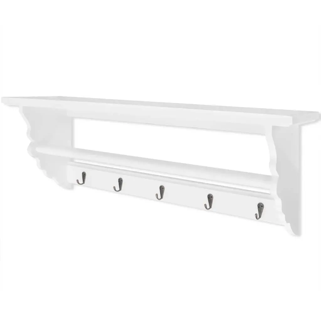 Coat Rack Wall Mount White Baroque Style with 5 Hooks and Floating Shelf for Entryway Organiser