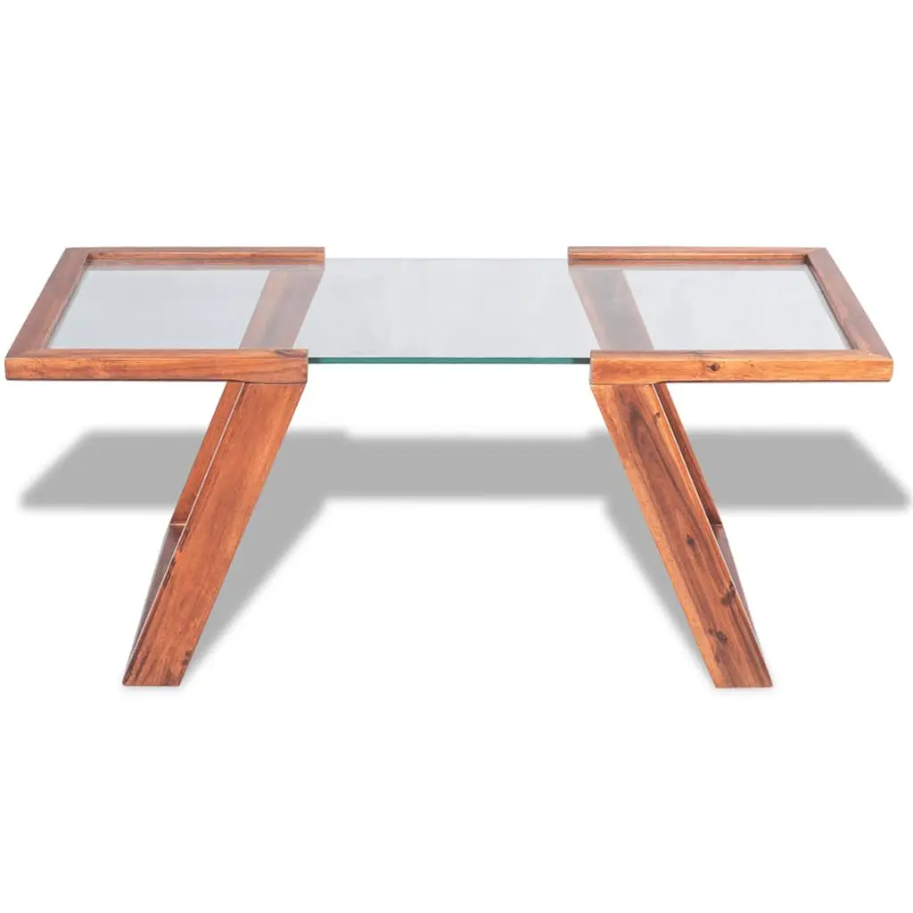 Coffee Table 100x50cm Tempered Glass Top Solid Wood Base Brown Living Room Furniture