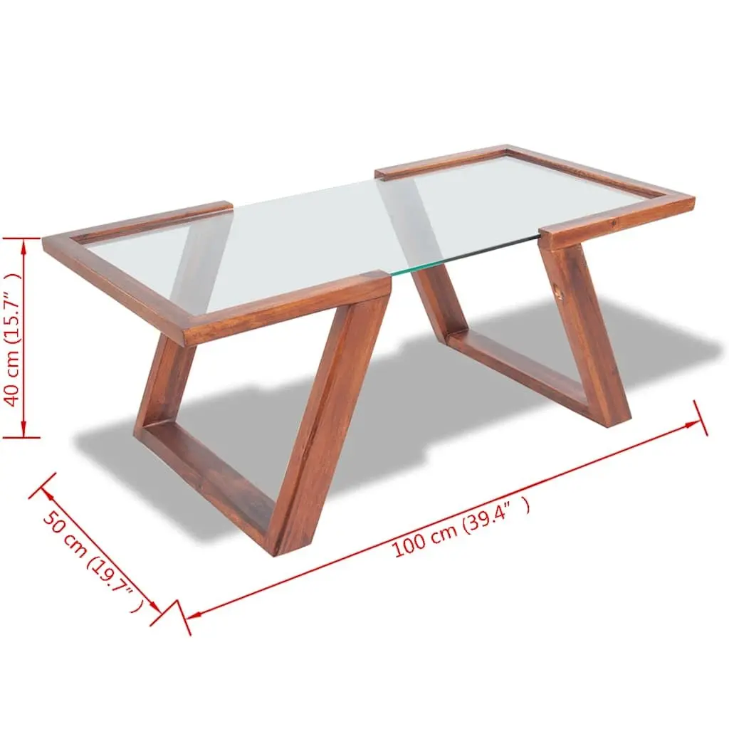Coffee Table 100x50cm Tempered Glass Top Solid Wood Base Brown Living Room Furniture