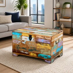 Storage Chest Solid Reclaimed Wood Vintage Multicolour Handmade Coffee Table