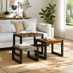 Three Piece Nesting Tables Solid Reclaimed Wood Stackable End Side Coffee