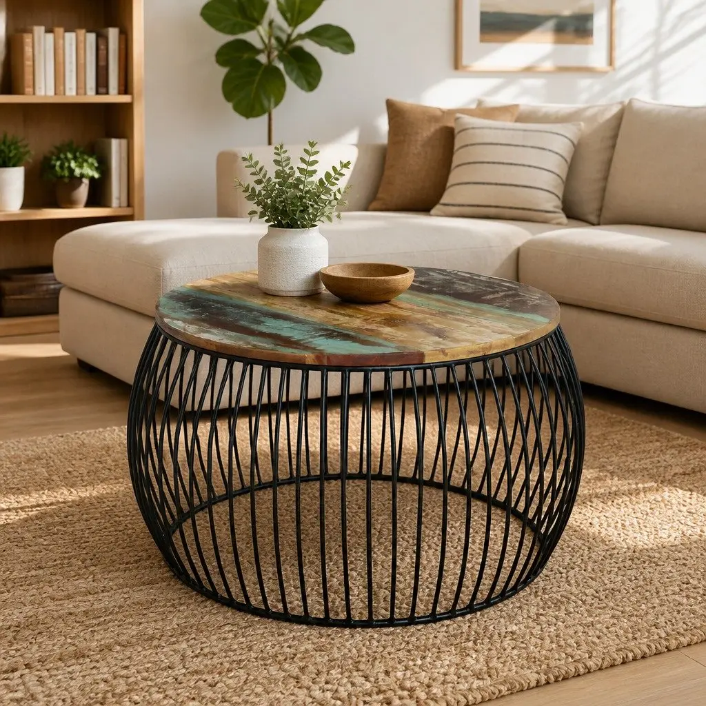 Round Coffee Table 68cm Solid Reclaimed Wood Vintage Handmade Brown