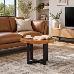 Coffee Table Round Tabletop Teak Mango Wood Resin Decoration Rustic Accent