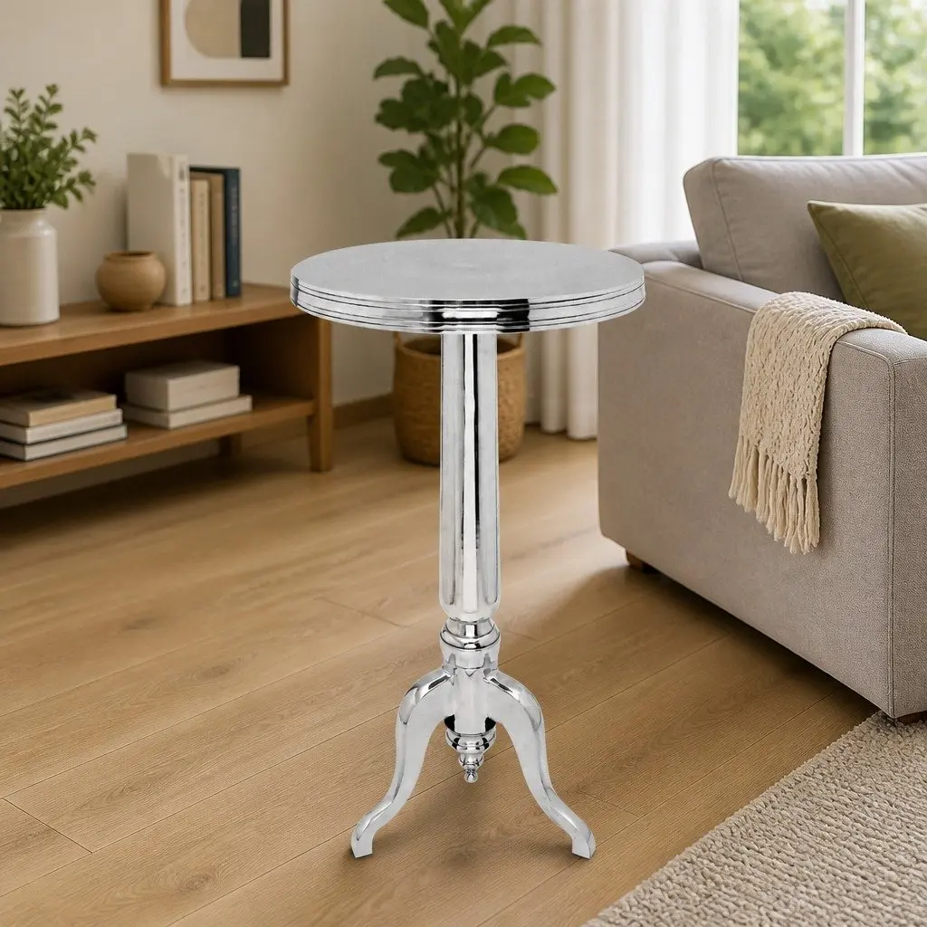 Round Side Table Silver Aluminium Sturdy Construction Easy to Clean